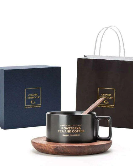 Classic American Elegance: Ceramic Coffee Mug Set with Walnut Holder and Gift Box