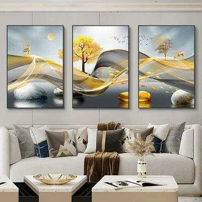 Nordic Elegance: Golden Deer Abstract Landscape 3-Piece Canvas Art Set with Customizable Borders for Luxury Home Decor