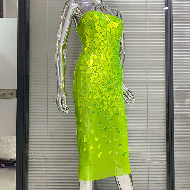 Fluorescent Green Sequin Triangle Midi Bodycon Gown