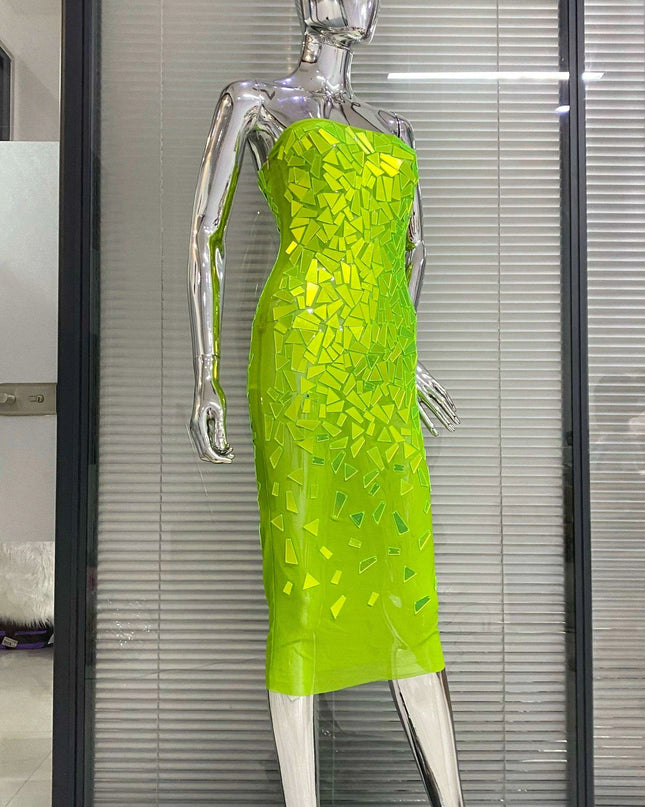 Fluorescent Green Sequin Triangle Midi Bodycon Gown