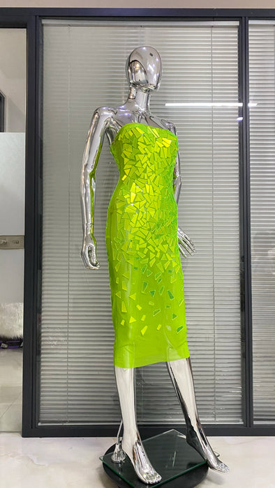 Dazzling Fluorescent Green Triangle Sequins Midi-Length Bodycon Evening Dress