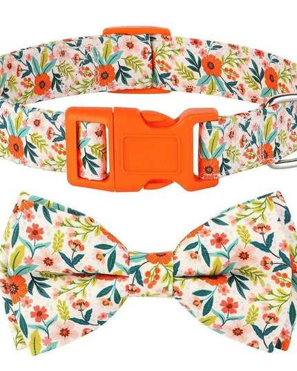 Floral Patterned Adjustable Dog Collar with Bowknot - Padded Nylon for All Breeds