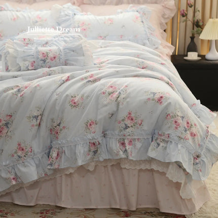JullietteDream Romantic Lace Floral Duvet Cover Set with Ruffle Bed Sk