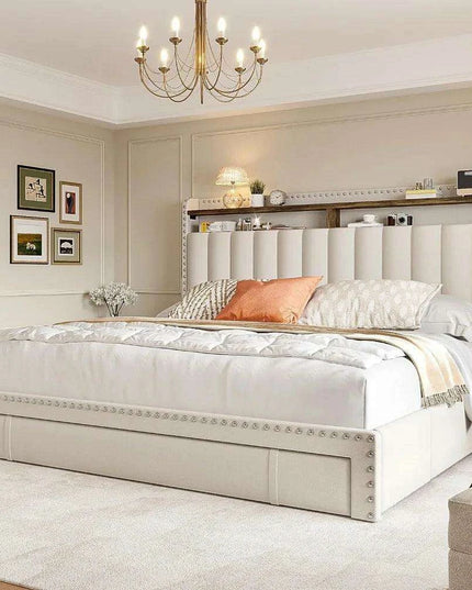 Queen Size Upholstered Bed Frame with Silent Support and Ample Storage Solutions