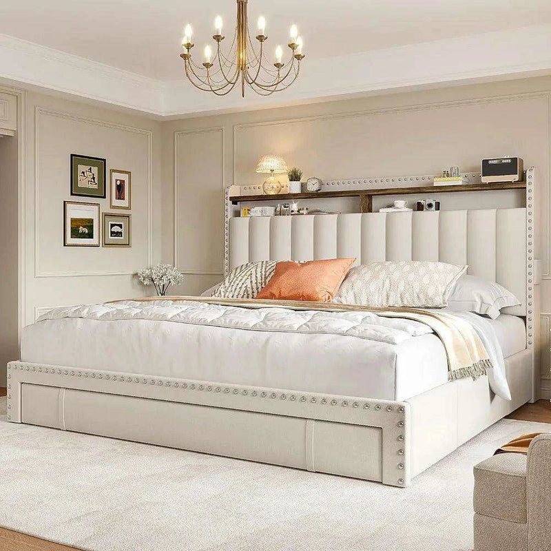 Queen Size Upholstered Bed Frame with Silent Support and Ample Storage Solutions