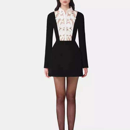 Floral Cut-Out Contrast Mini Dress with Lapel Detail for Women