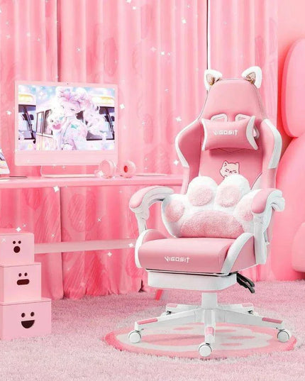 Adorable Pink Gaming Chair with Cat Ear Design and Adjustable Lumbar Support for Female Gamers