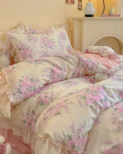Korean Princess Floral Lace Ruffle Cotton Bedding Collection - Luxurious Single/Queen Duvet Cover, Sheet, and Pillowcase Set (3/4 Pieces)