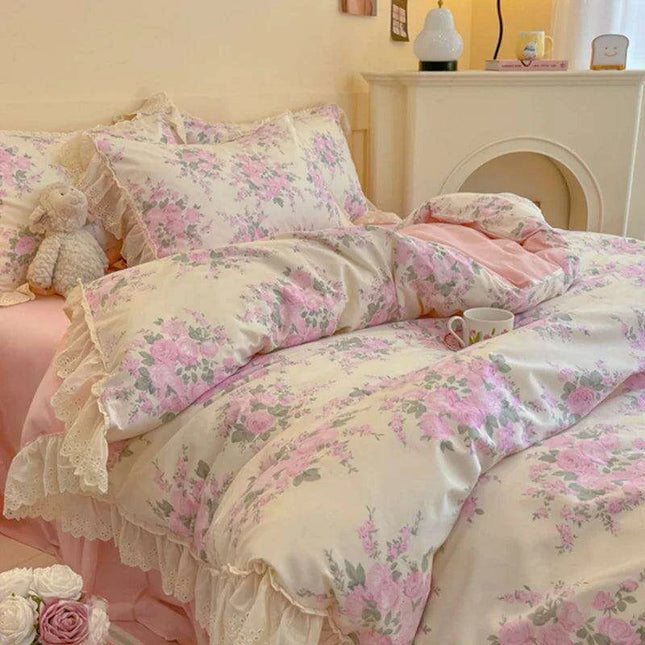 Korean Princess Floral Lace Ruffle Cotton Bedding Collection - Luxurious Single/Queen Duvet Cover, Sheet, and Pillowcase Set (3/4 Pieces)