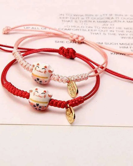 Whimsical Rainbow Braided Lucky Cat Bracelet - Adjustable Ceramic Good Fortune Jewelry