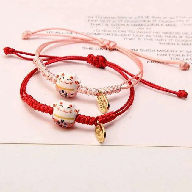 Whimsical Rainbow Braided Lucky Cat Bracelet - Adjustable Ceramic Good Fortune Jewelry