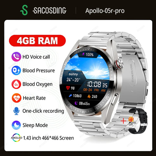 Premium Smartwatch with AMOLED Display, 4G RAM, Bluetooth Calling, and Health Monitoring for Android and iOS