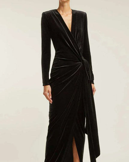 Sophisticated Asymmetrical Velvet Evening Dress with Alluring Deep V-neck