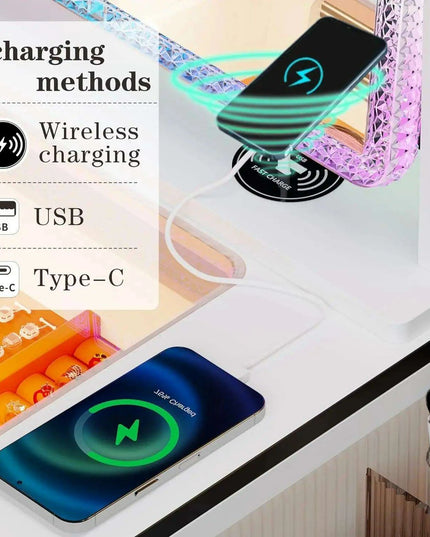 Luxurious LED-Integrated Glass Makeup Organizer with Charging Station