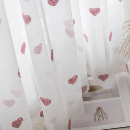 Korean Pink Love Embroidery Blackout Curtains – Tulle & Double Layer, Girls’ Room
