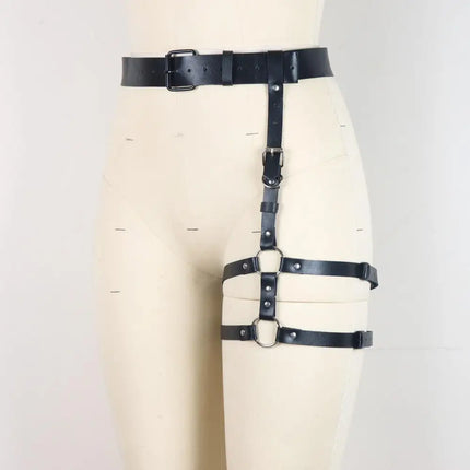 Men's Leather Punk Leg Harness — Caged Thigh Garter, Rave & Gothic