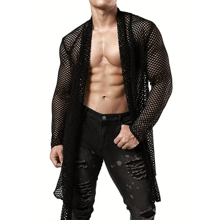 Men's Hollow Out Long Cardigan Shirt — Streetwear Grid Design