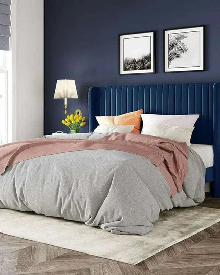 Elegant Blue Velvet Wingback Bed Frame with Smart Under-Bed Storage - Chic & Comfortable Design