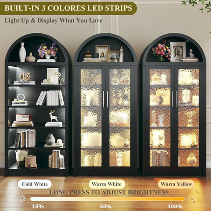 71" Tall Arched Cabinet with LED Lights | Glass Door Pantry Storage Cabinet