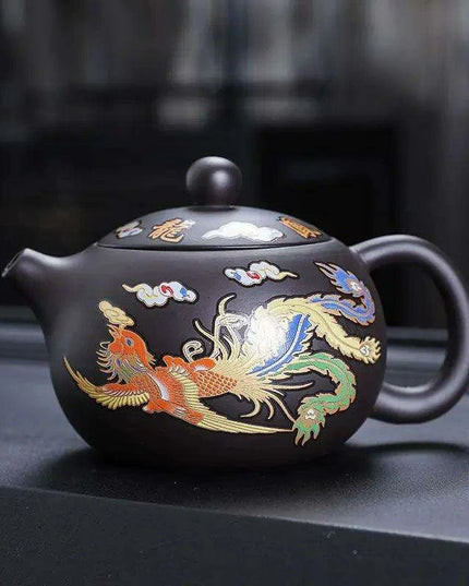 Mystical Heat-Responsive Purple Clay Teapot with Dragon and Phoenix Motif