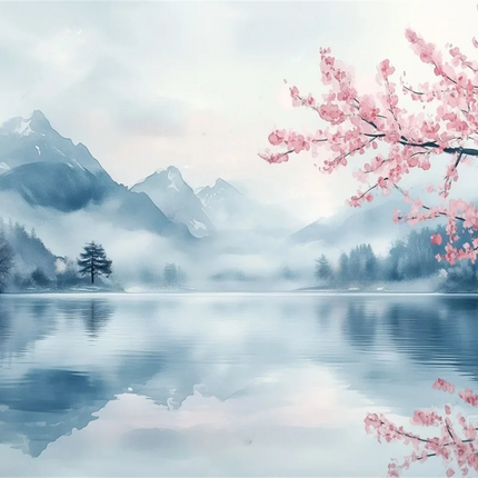 Mountain Lake Cherry Blossom 3D Mural Wallpaper