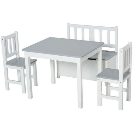 Stylish Grey and White Children's Table Set with Storage Bench and Two Chairs - Ideal for Imaginative Play and Learning Activities