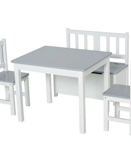 Stylish Grey and White Children's Table Set with Storage Bench and Two Chairs - Ideal for Imaginative Play and Learning Activities