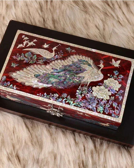 Artisan-Made Mother of Pearl Jewelry Box with Exquisite Peacock Inlay - An Elegant Storage Solution for Your Treasures