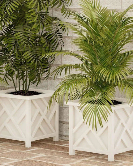 Chic White Lattice Planter Set for an Exquisite Outdoor Transformation