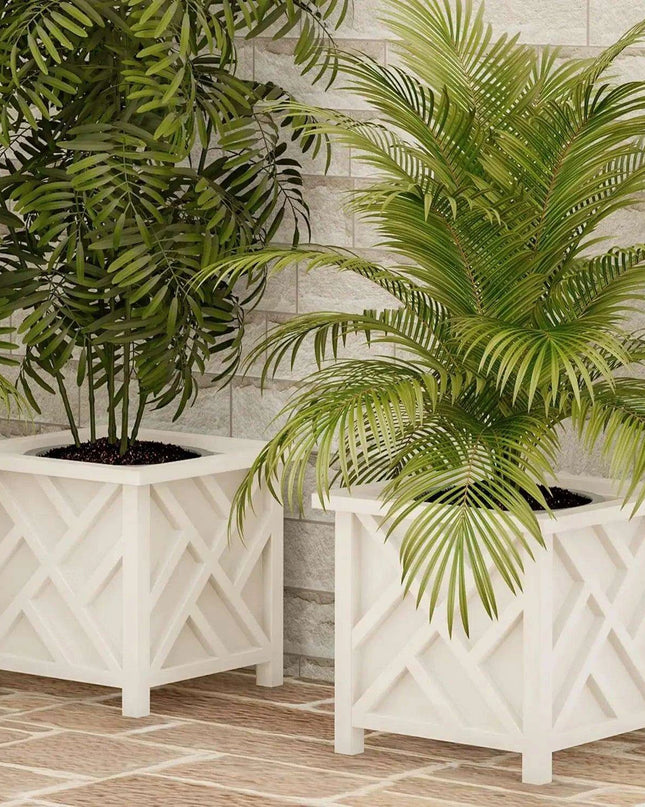 Chic White Lattice Planter Set for an Exquisite Outdoor Transformation