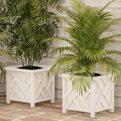 Chic Outdoor Planters with White Lattice Pattern- Set of 2 - Stylish Farmhouse Garden Decor