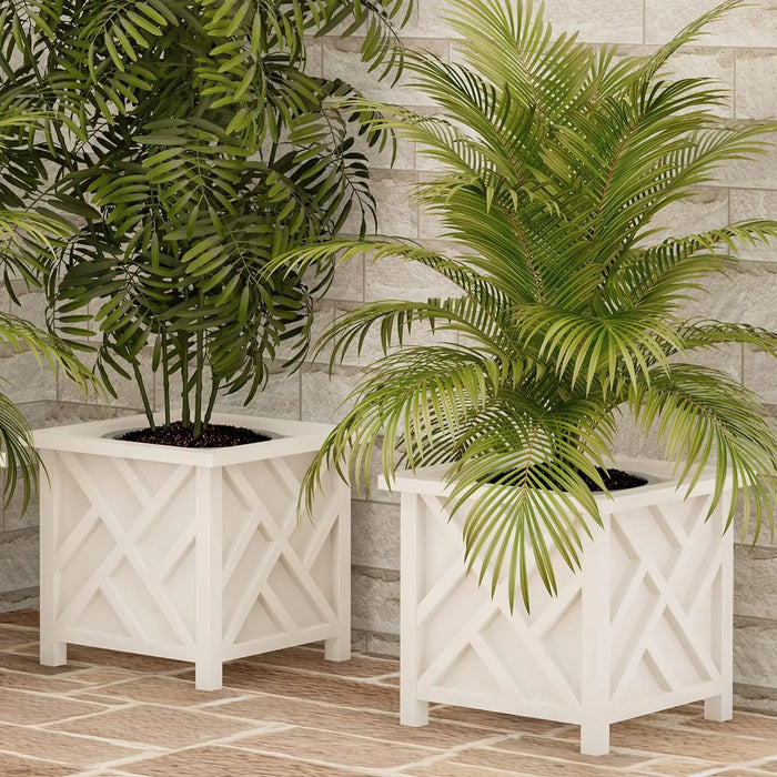 Stylish Set of 2 White Lattice Outdoor Planters for Elegant Farmhouse Garden Decor