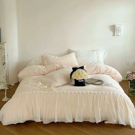 French Lace Ruffle Bedding Set with Velvet Duvet Cover and Floral Embroidery - 4-Piece Ensemble