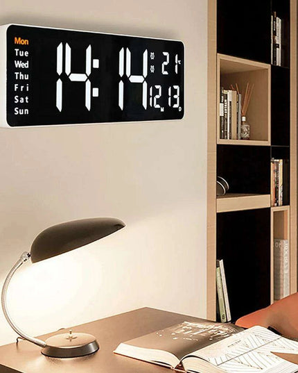 Large LED Digital Wall Clock with Calendar, Dual Alarms, and Temperature Display for Bedroom and Living Room