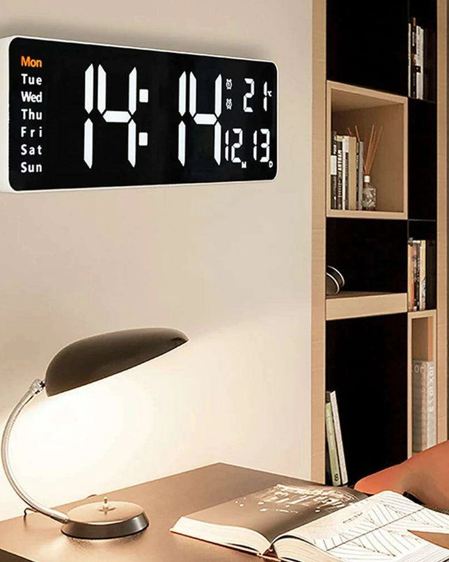 Large LED Digital Wall Clock with Calendar, Dual Alarms, and Temperature Display for Bedroom and Living Room