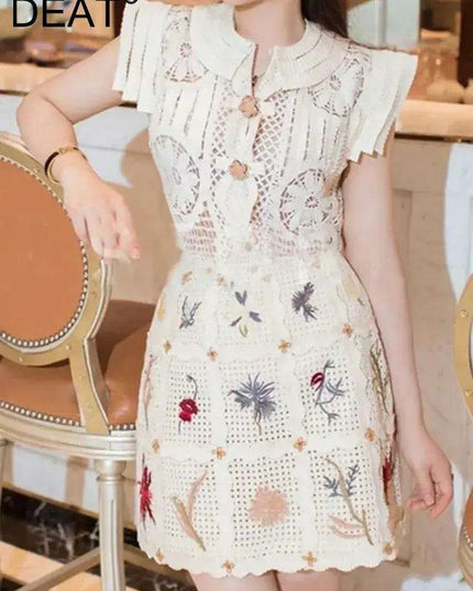 2-Piece Embroidered O-Neck Top and Short Skirt Set for Women