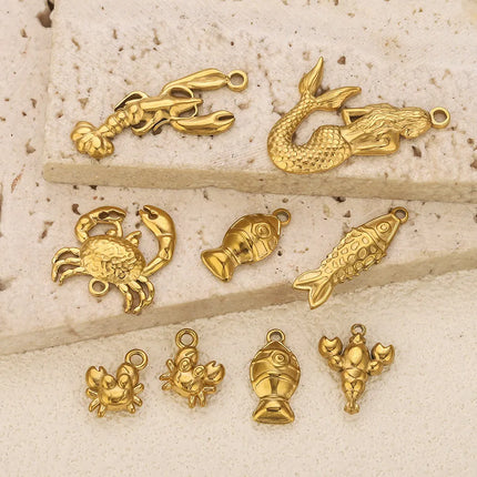 5PCS Stainless Steel Lobster Charms Mermaid Crab Connectors Gold-Plate