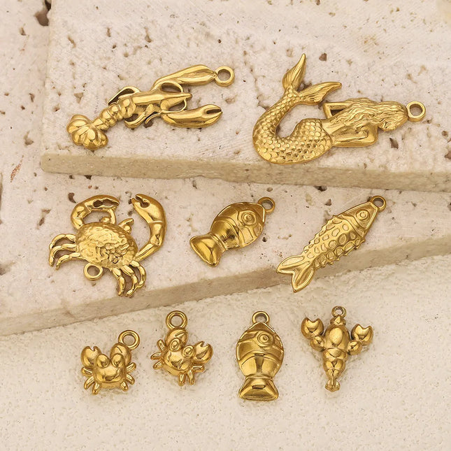 5PCS Stainless Steel Lobster Charms — Mermaid Crab Connectors, Gold-Plated DIY Jewelry Making (14 × 17.5mm)