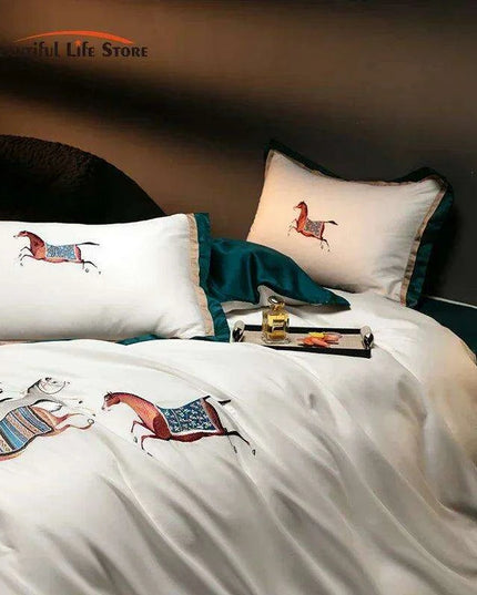 Elegant Galloping Horse Embroidered Egyptian Cotton Bedding Set in White and Orange - Complete Duvet Cover, Bed Sheet, and Pillowcase Collection