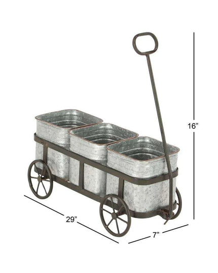 Charming 29" Rustic Wagon Planter with Galvanized Iron Pots
