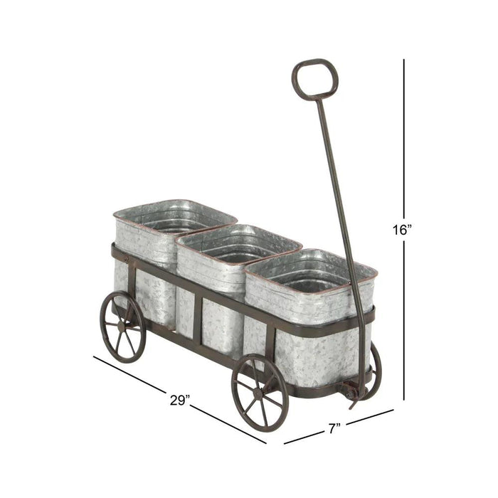 Charming 29" Rustic Wagon Planter with Galvanized Iron Pots