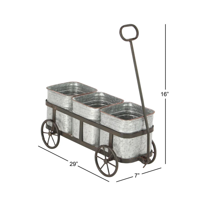 29" x 16" Rustic Farmhouse Style Planter Wagon with Galvanized Iron Pots