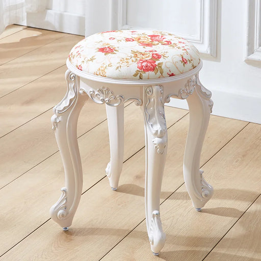 European-Style Vanity Stool - Silver Painted Pearl White Leather