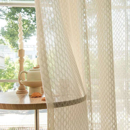 Beige Bohemian Cotton Linen Window Treatments with Grey Tulle
