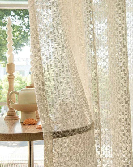 Beige Bohemian Cotton Linen Window Treatments with Grey Tulle