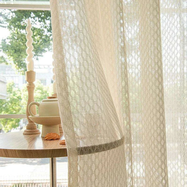 Beige Bohemian Cotton Linen Window Treatments with Grey Tulle