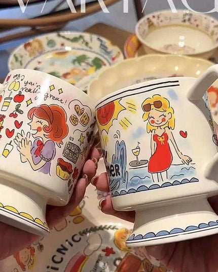 Whimsical Handcrafted French Coffee Cup and Saucer Set for Kids - Adorable Cartoon Design, Ideal for Breakfast and Tea Gifts