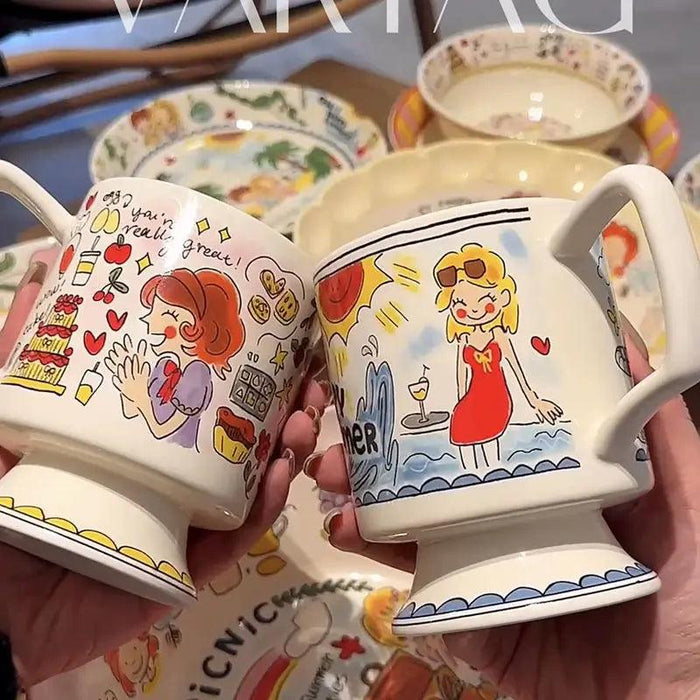 Whimsical Handcrafted French Coffee Cup and Saucer Set for Kids - Adorable Cartoon Design, Ideal for Breakfast and Tea Gifts