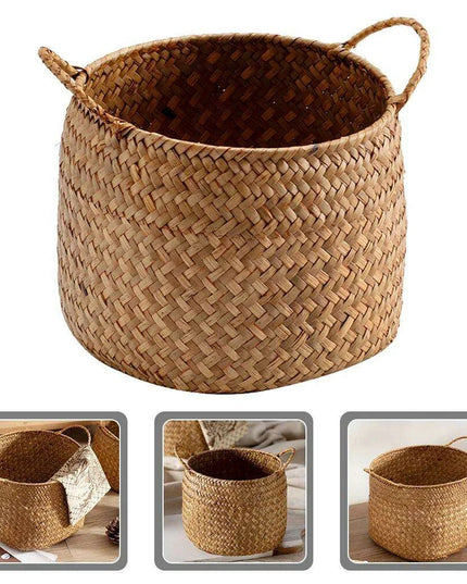 Rustic Seagrass Desktop Organizer and Storage Basket for Home Decor