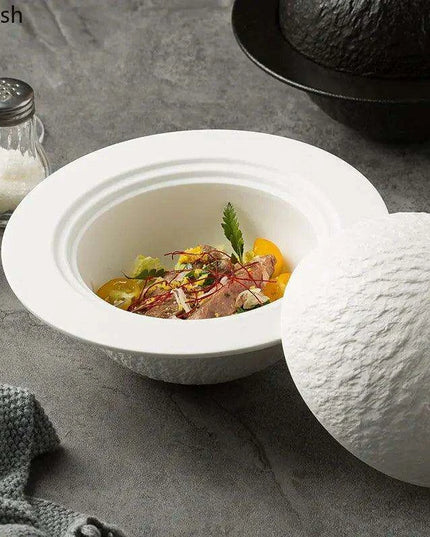 Elegant Artisan Ceramic Bowl Set with Lid and Rock Texture for Gourmet Dining